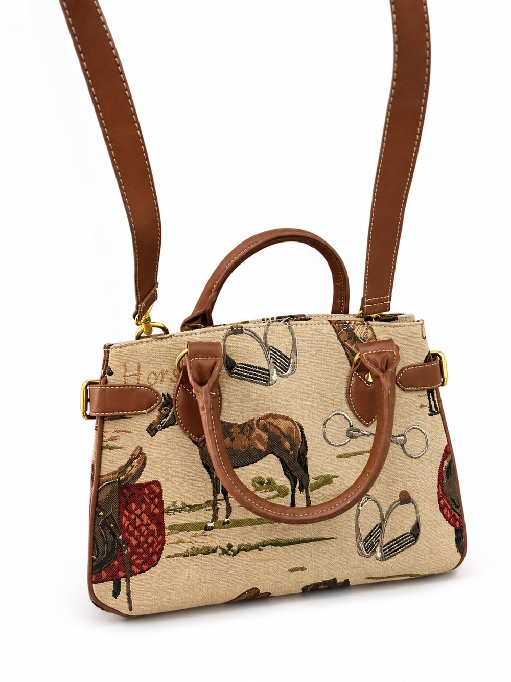 Canvas Equestrian Print Satchel Bag in Brown and Tan